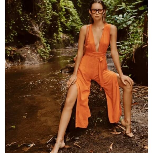 Wet Pants - NWT Wet Vermillion Plunge Neck Tie Waist Cover-Up Jumpsuit Orange Womens Size XS